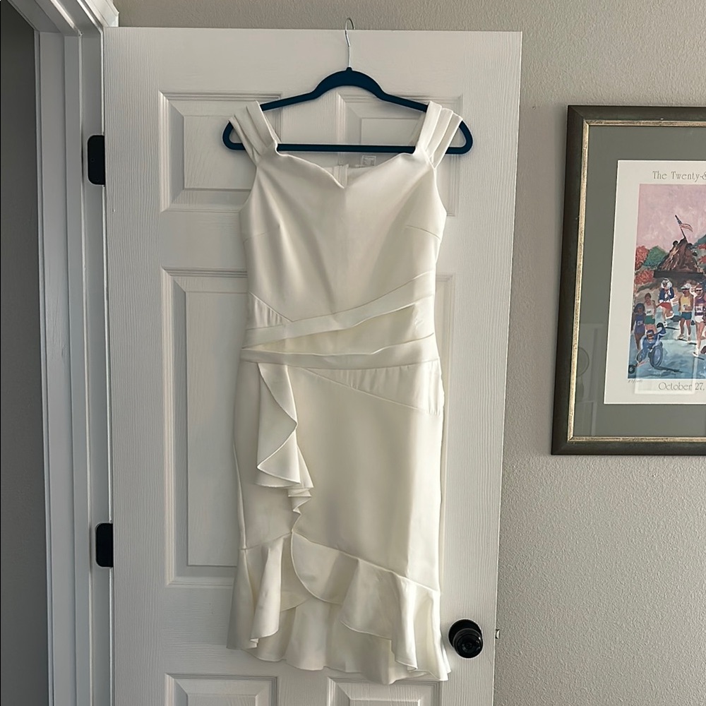 VENUS Cream Asymmetrical Ruffled Sheath Dress